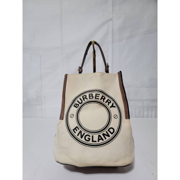 Burberry Handbags - Authentic BURBERRY Canvas Cotton Small Peggy Bucket Bag Natural Gold Brown/Cream
